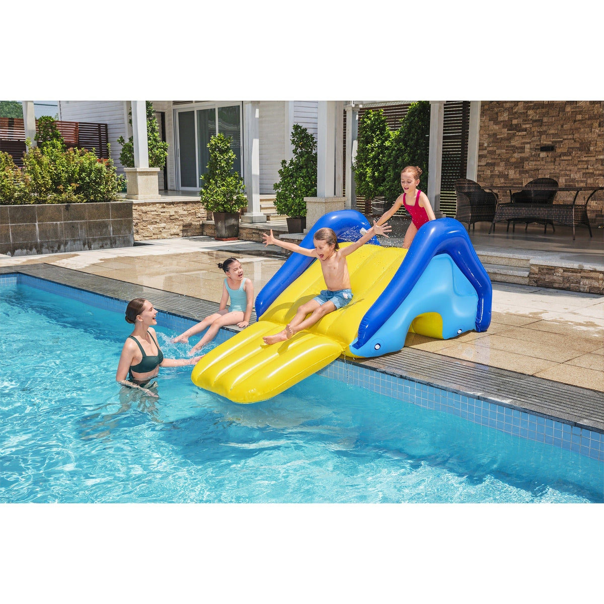Inflatable Pool Water Slide Giant, 97x49x39 Inch Backyard Waterslide with Built-In Sprinkler, 4 Water Chambers for Stability 