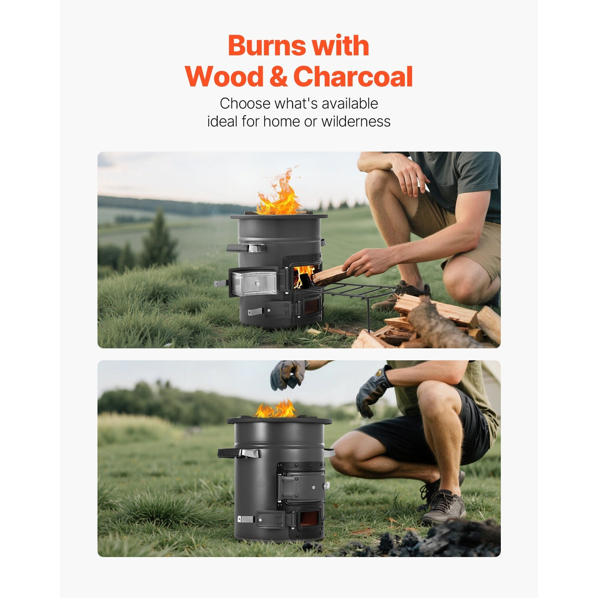 Wood Burning Rocket Stove Portable Camping Stove with Cast Iron Top, Double Door, Fireproof Lining — image 7