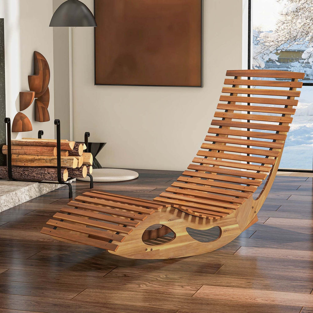 Acacia Wood Rocking Chaise Lounge Outdoor High Back Slatted Seat Stopper Patio Rocker for Deck Poolside Garden — image 6