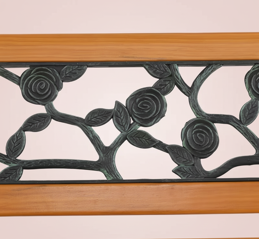 Cast Iron & Wood Outdoor Garden Bench with Ornate Backrest