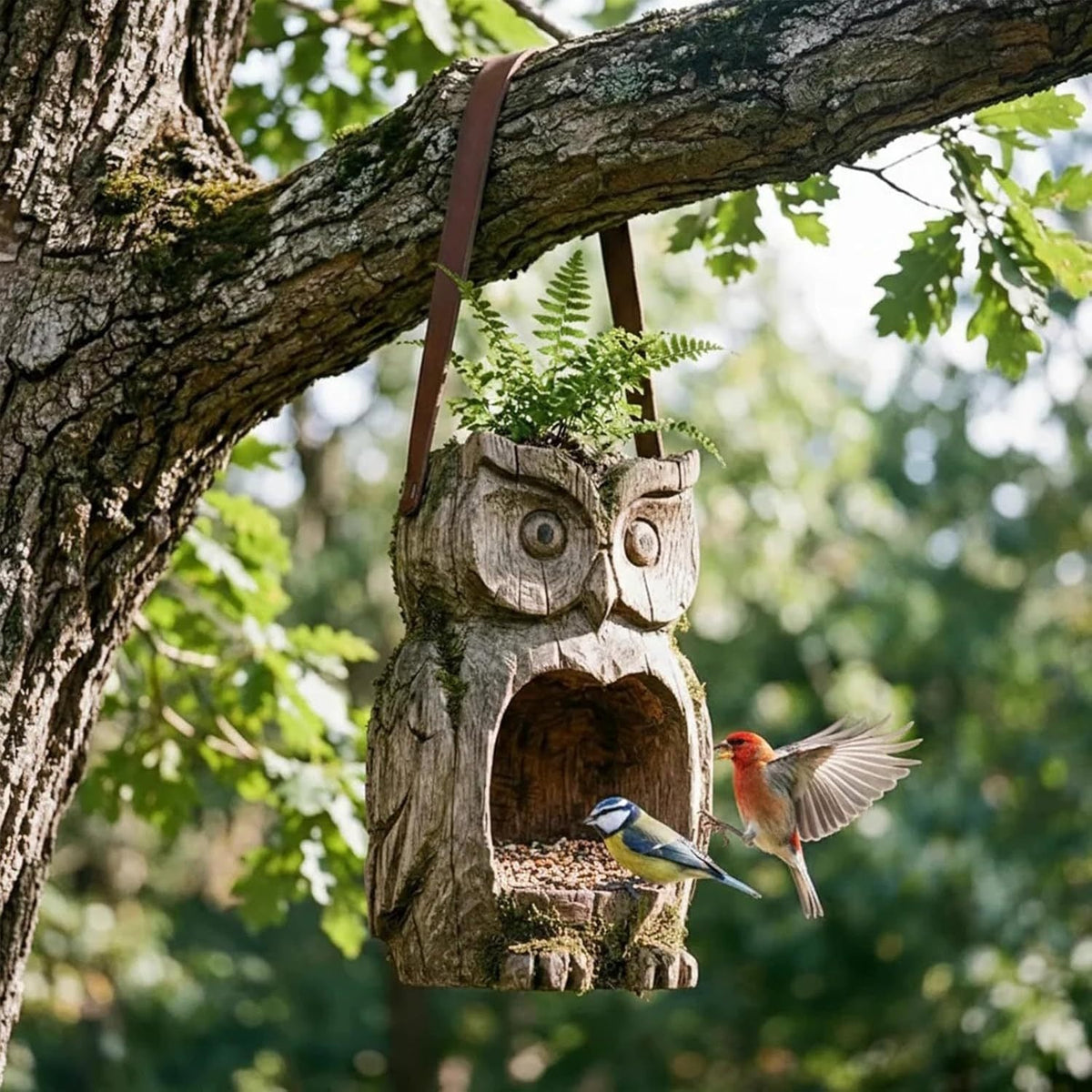 Bird Feeder Hanging Outdoor Rustic Wood Owl-Shaped Plant Pot for Patio Lawn Garden Decor – Open Design Decorative Planter for