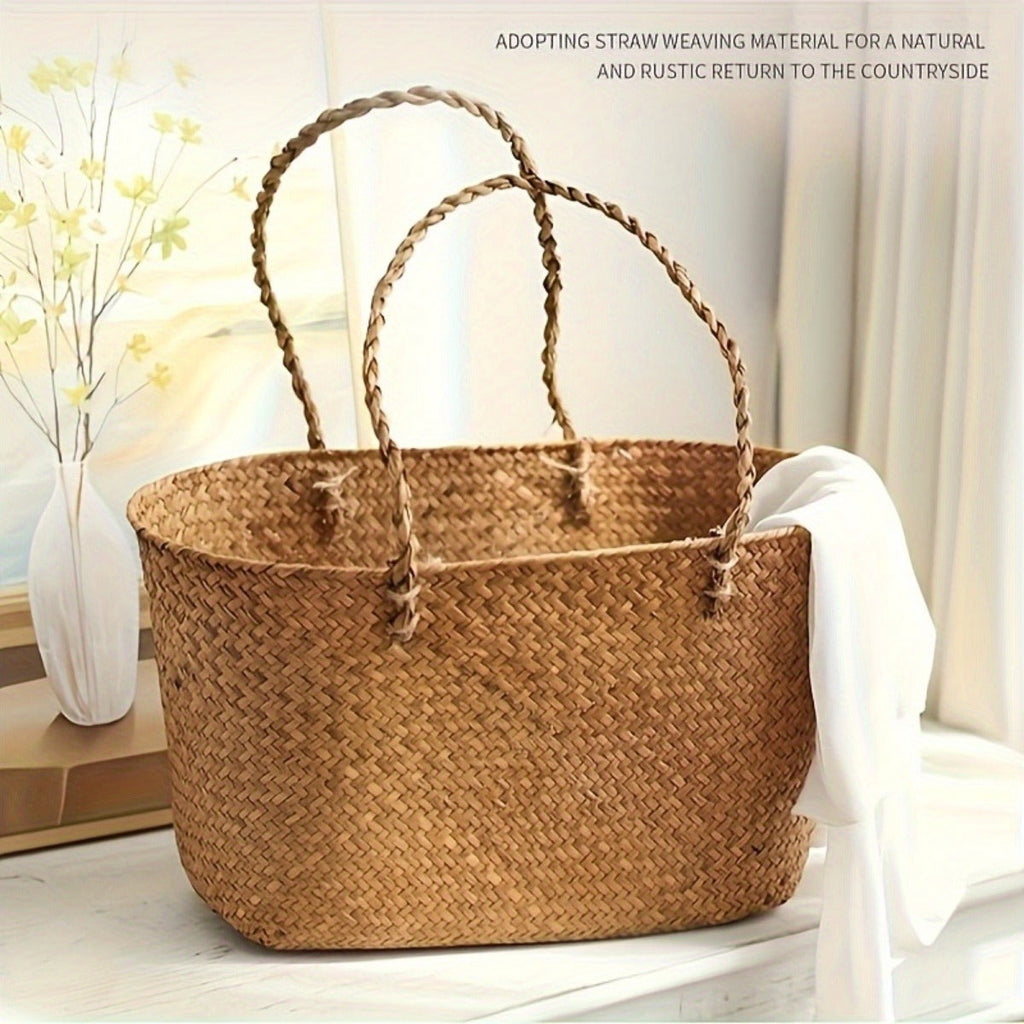 Large Woven Straw Picnic Tote Basket with Long Handles, Open Top Natural-Color Outdoor Carry Design — image 7
