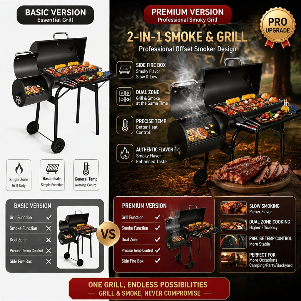Barrel Charcoal Grill with Offset Smoker, Wheeled Cart, Side Firebox and Two Black Configuration Options — image 8