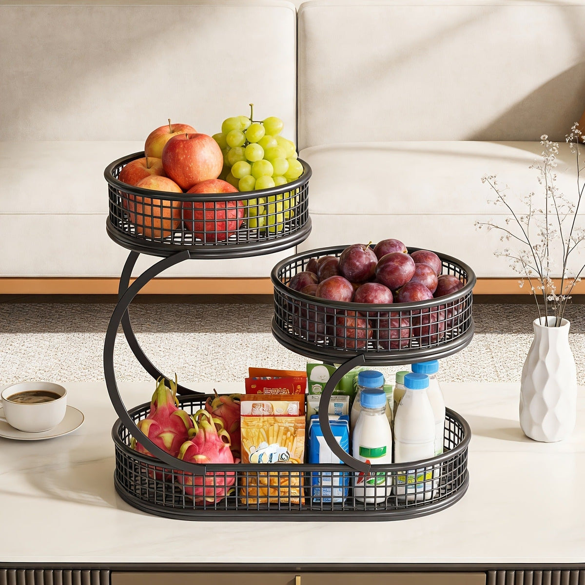 Fruit Basket with Two Round Bowls and 15.75-Inch Rectangular Base Tray — image 7