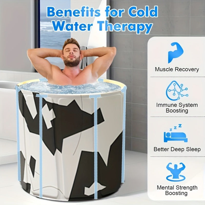 Round Foldable Adult Soaking Tub in Black-and-White Geometric Pattern with Freestanding Support Frame and Drain — image 7