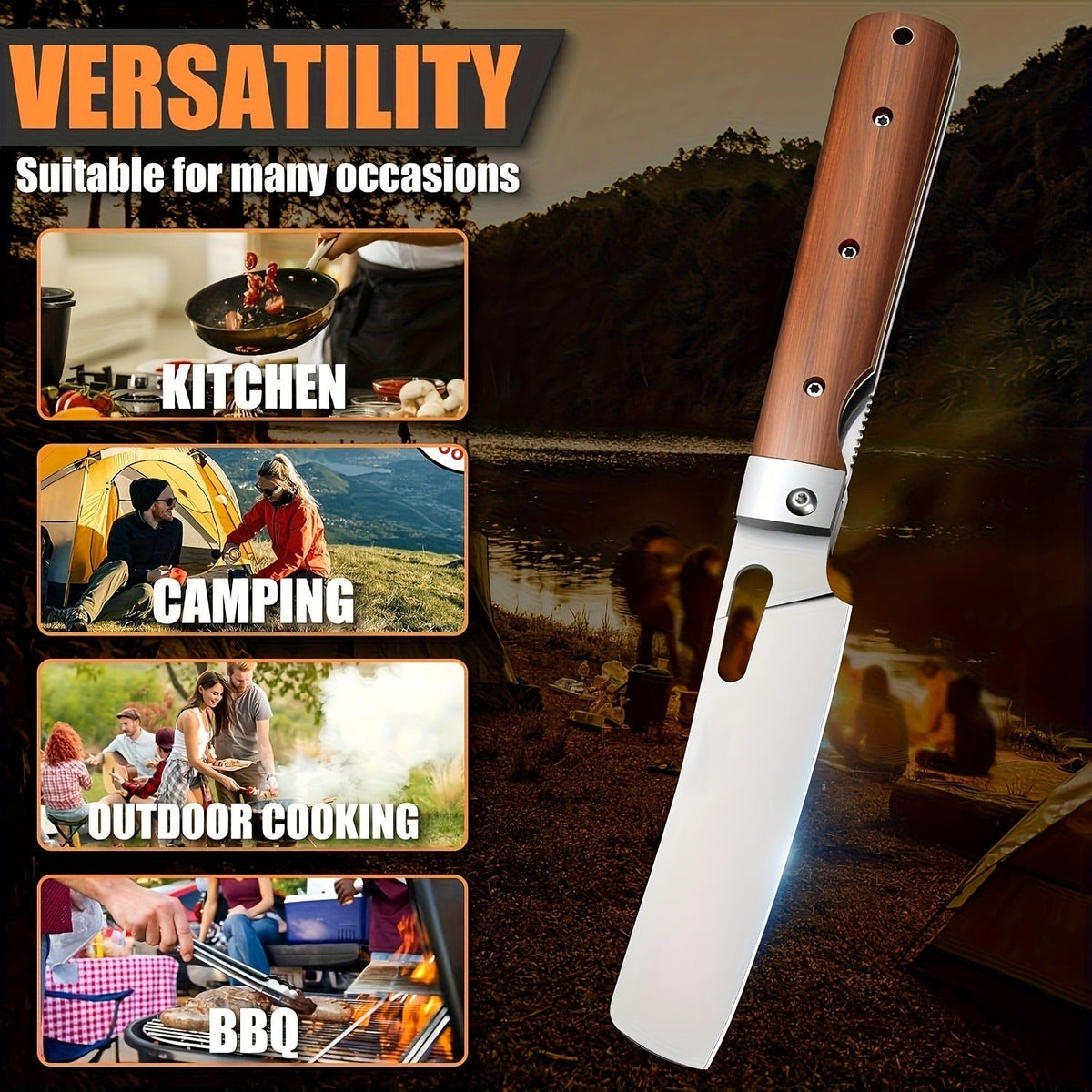 Folding Nakiri Kitchen Knife with 440C Stainless Steel Label, Wood-Look Handle, Drawstring Pouch and Box — image 7