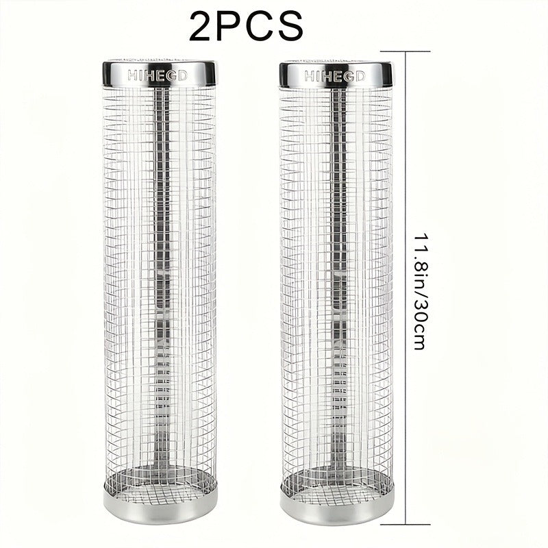 Rolling Grill Basket Stainless Steel 2-Pack, Cylinder BBQ Basket with Hook & Fork for Vegetables — image 1
