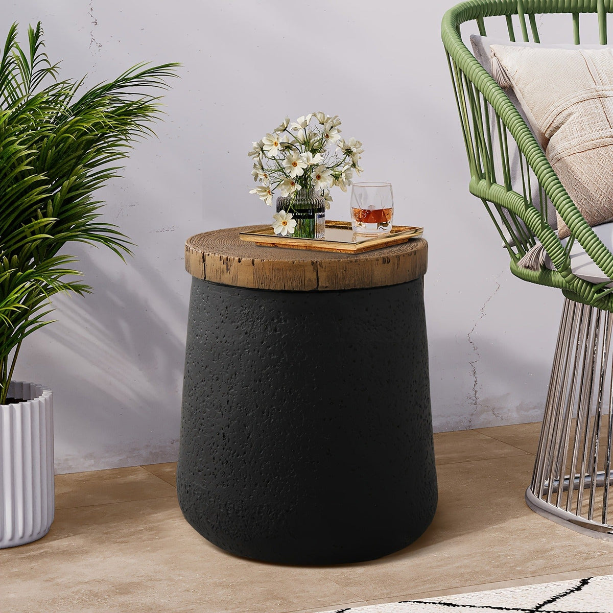 Outdoor Side Table 17-Inch Concrete Design with Wood-Look Top in Black, Hourglass and Compact Options — image 7