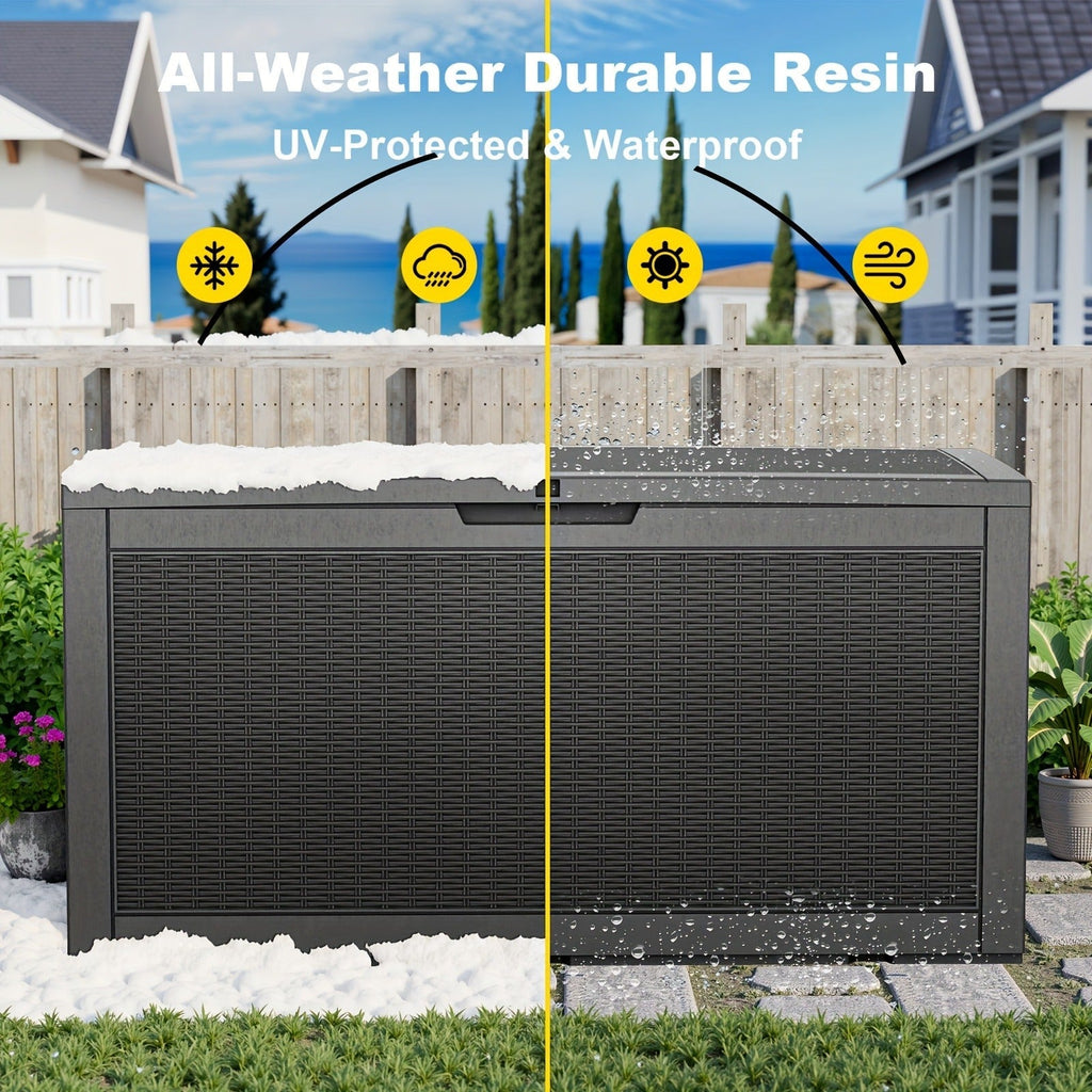 100-Gallon Rattan-Style Outdoor Deck Box with Lockable Lid, Lift Supports and Black Finish — image 6