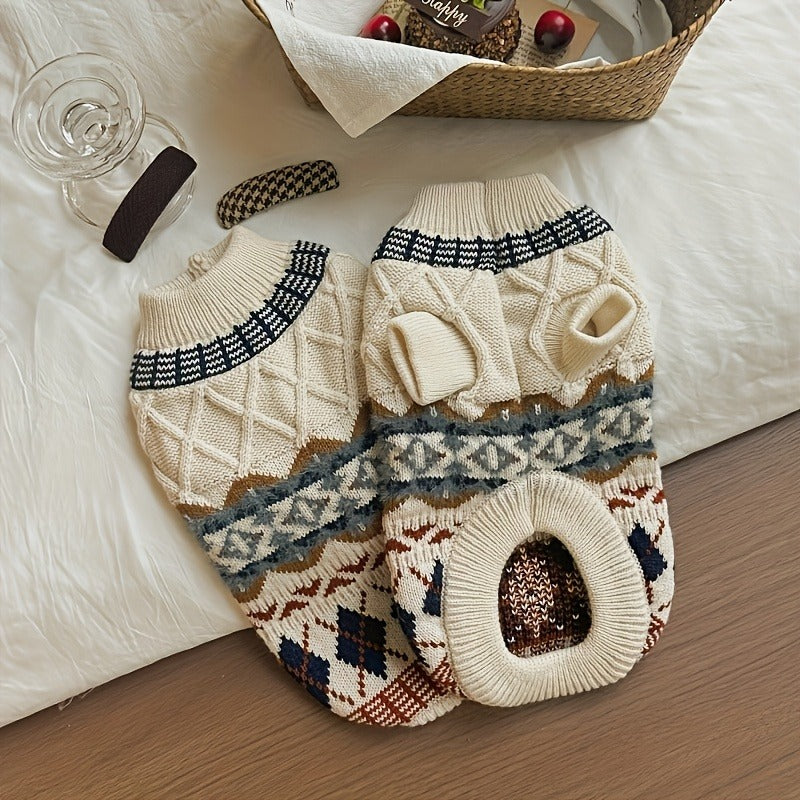 Cable-Knit Dog Turtleneck Sweater with Fair Isle Pattern, Beige or Blue and Five XS–XL Sizes — image 1