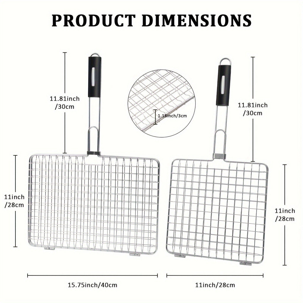 Grill Basket Stainless Steel Folding BBQ Grilling Basket for Fish Chicken Vegetables Shrimp Portable Outdoor Camping Barbecue