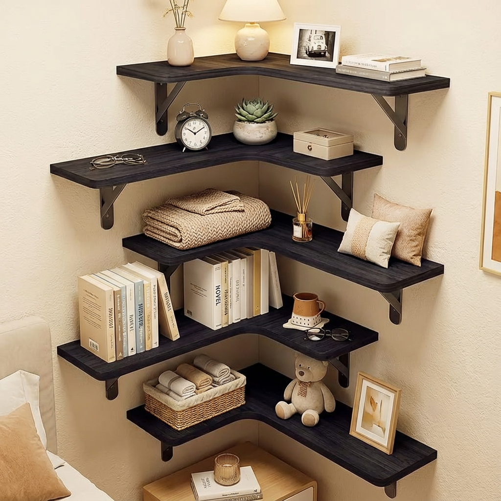Rustic Corner Floating Shelves Set of 5 – Wall Mounted Wood Shelves