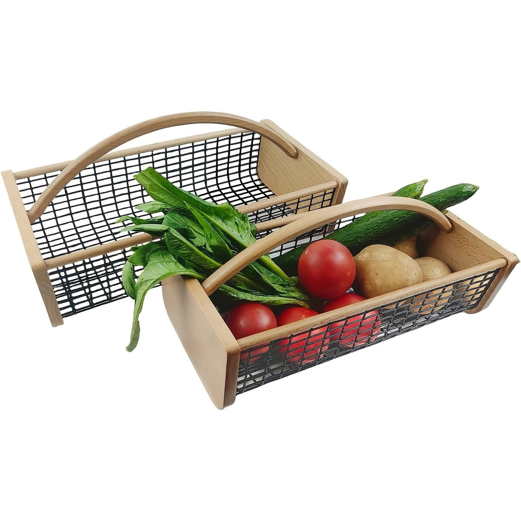 Garden Harvest Basket Metal Mesh with Wooden Handle – Rectangle Vegetable Fruit Picking Basket for Garden, Kitchen & Farmhous