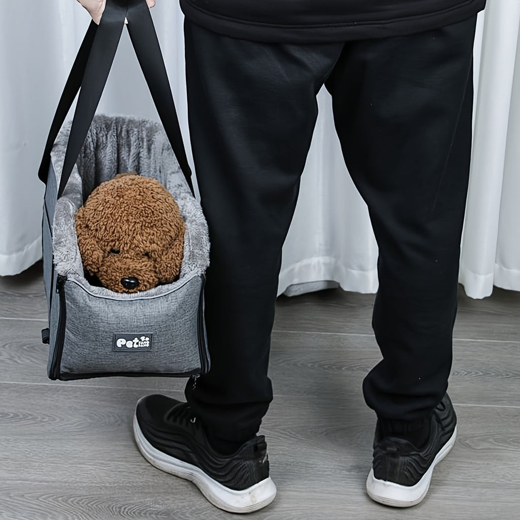 Open-Top Pet Carrier Car Seat Tote with Padded Rim, Attachment Straps, Interior Clip and Grey Fabric Exterior — image 1
