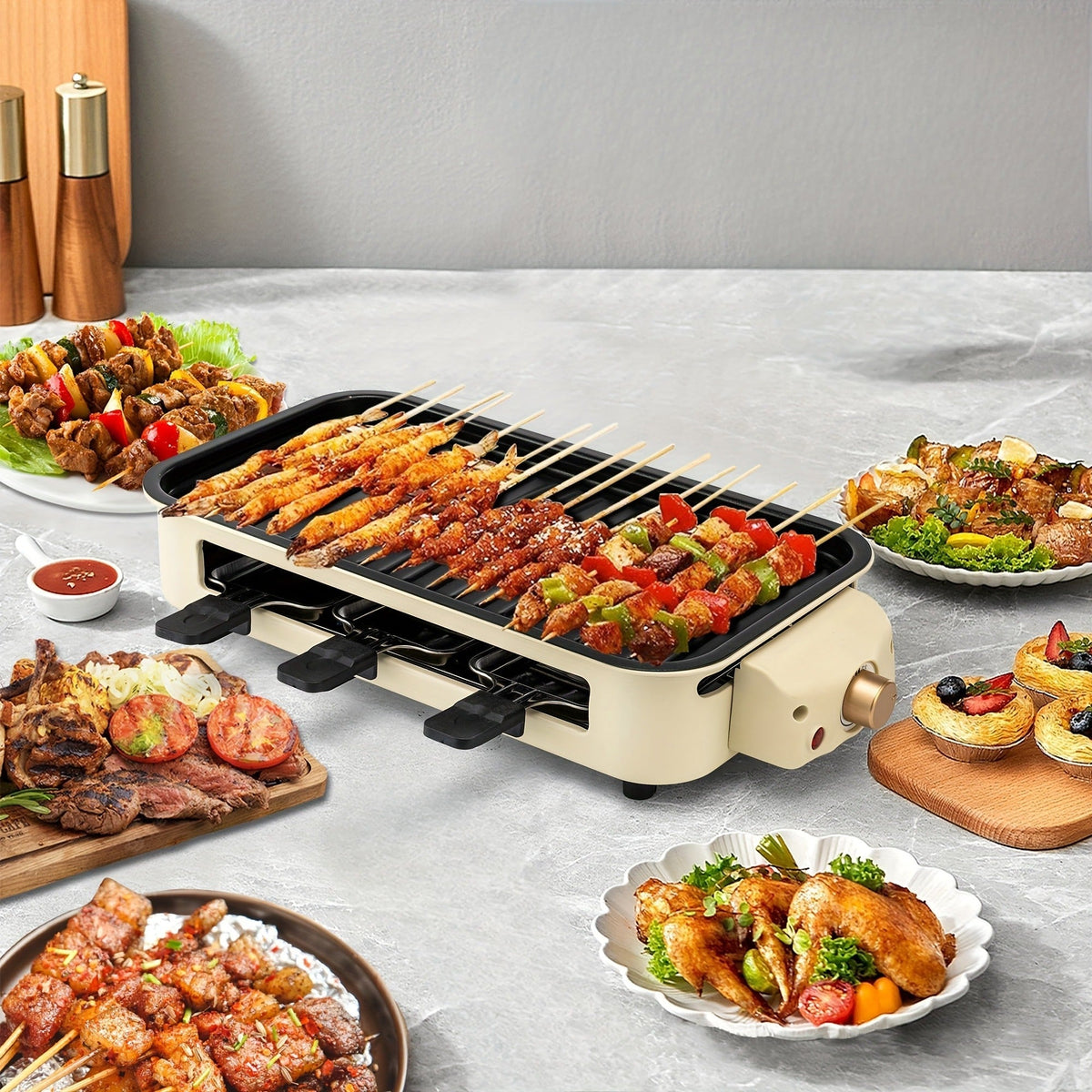 Indoor Smokeless Electric Grill 1500W Non-Stick Raclette Table Grill with Removable Plate & 3 Mini Pans Compact BBQ Griddle —