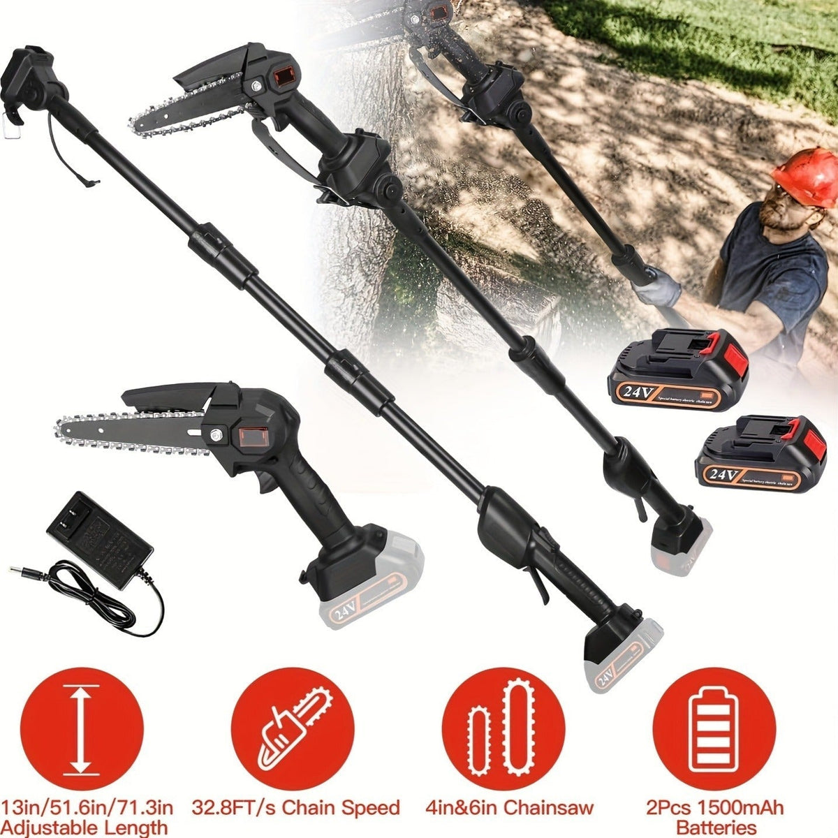 Cordless 4- and 6-Inch Pole Saw with Three Extension Sections, 90° Head, Two Batteries and Two Colors — image 12