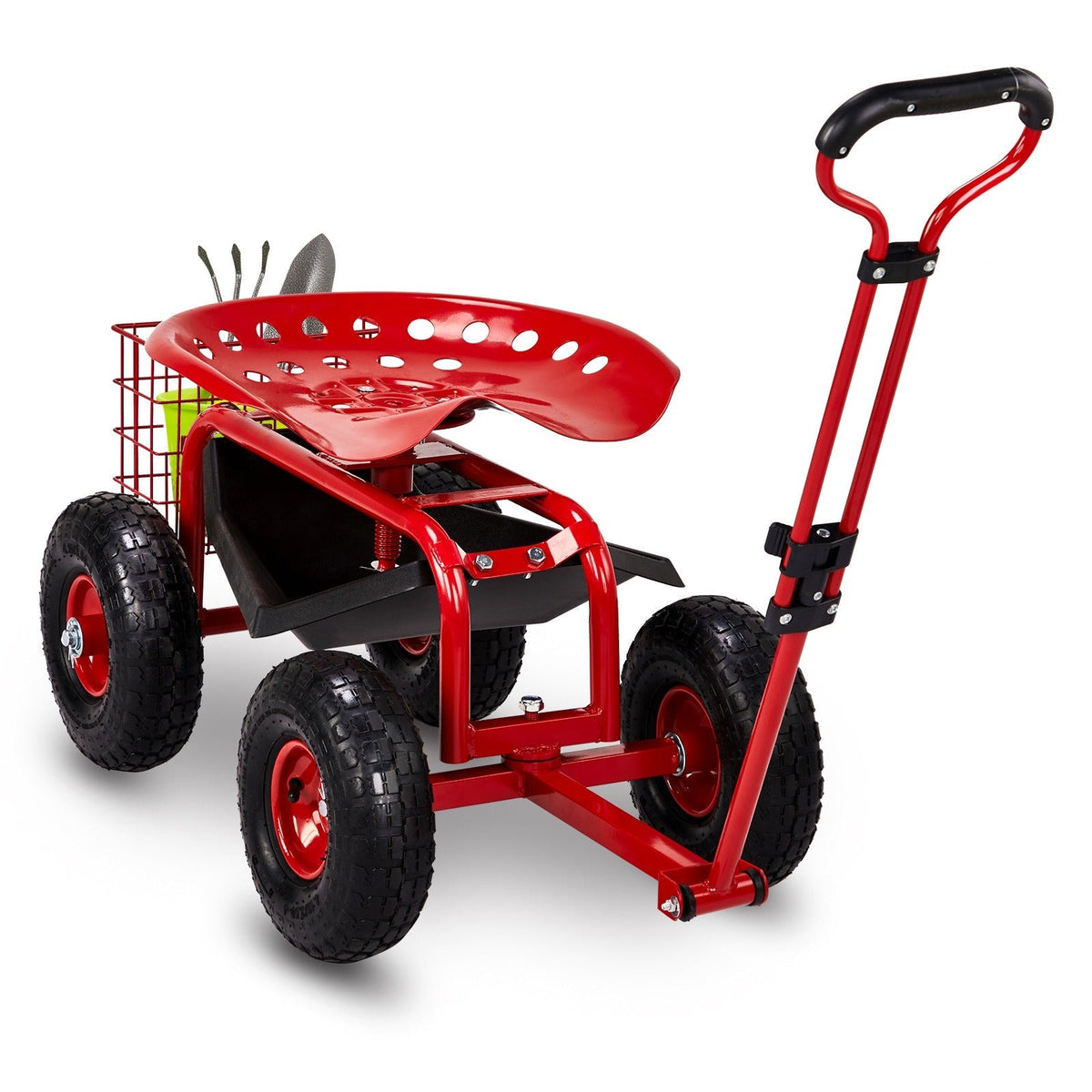 Rolling Garden Seat Cart, Backrest, Cushion, Telescopic Handle & Storage Basket, Steel Frame — image 8