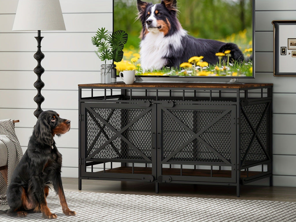 43-Inch Corner Dog Crate Furniture with Vintage Wood-Look Top, Metal Mesh Sides and Side Doors — image 10