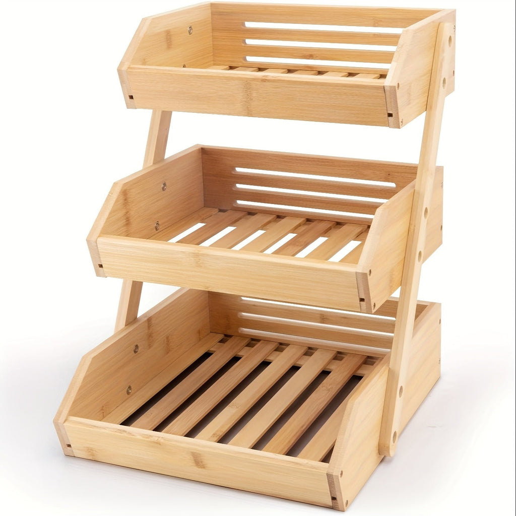 Fruit Basket Stand 2 & 3 Tier Wooden Countertop Organizer Large Capacity Kitchen Storage for Fruits Vegetables Bread Produce 
