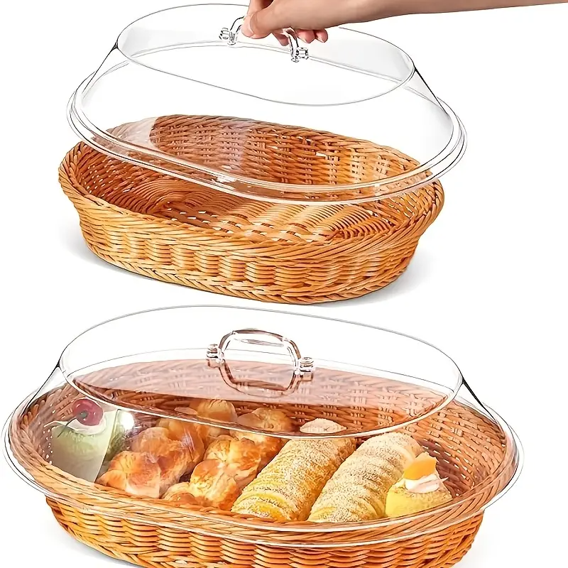 Wicker Bread Basket with Clear Acrylic Lid Rattan Storage Basket Washable Food Tray for Bread Fruit Desserts Kitchen Picnic H