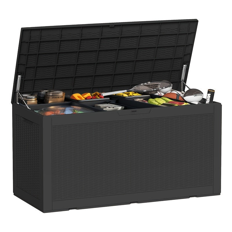 100-Gallon Rattan-Style Outdoor Deck Box with Lockable Lid, Lift Supports and Black Finish — image 1