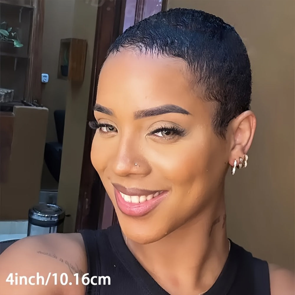 Deep Wave Pixie-Cut Human Hair Wig with Bangs and Short Full Cap in a Black 4-Inch Hair Style — image 3