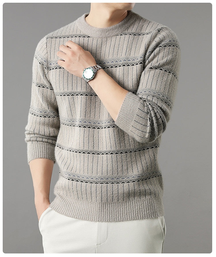 Mens Knitted Fleece-lined Thick Crew-neck Faux Mink Sweater
