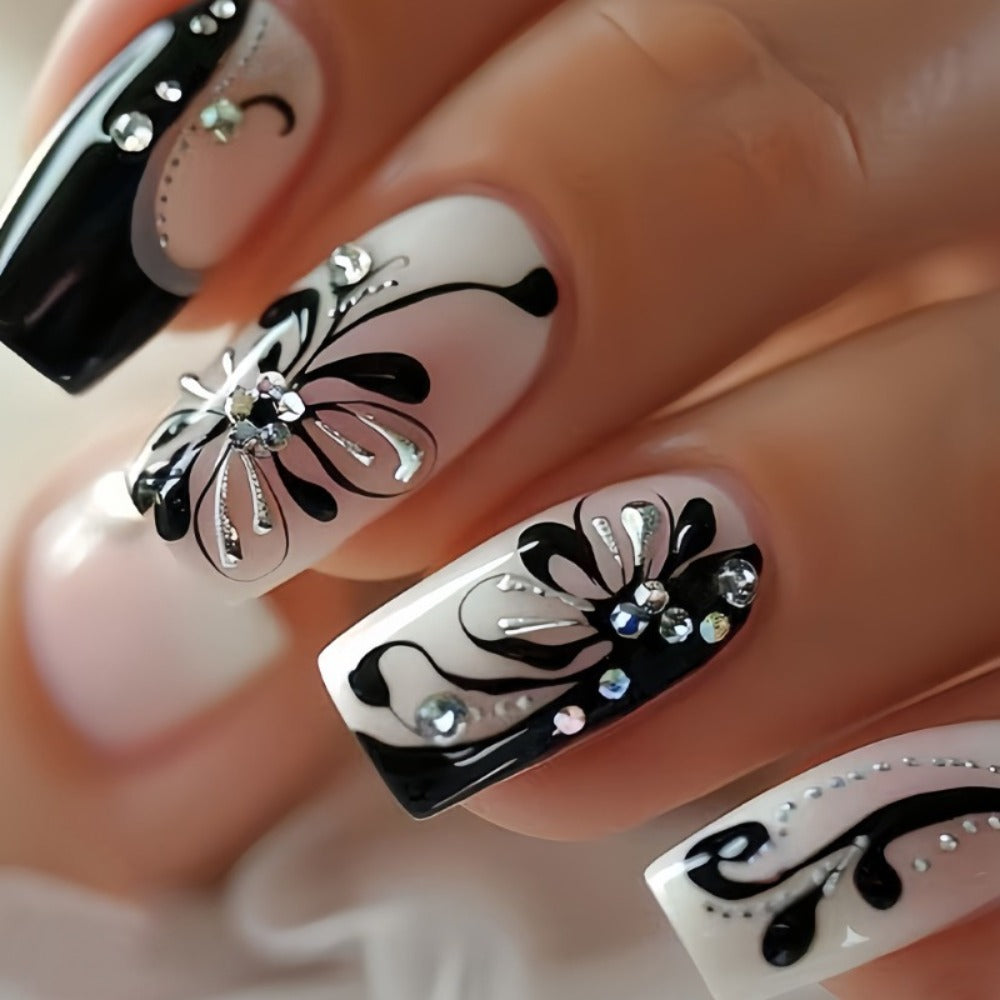 Press On Nails 48-Piece Medium Square Black and White Matte French Tip Butterfly Full-Cover Set — image 2