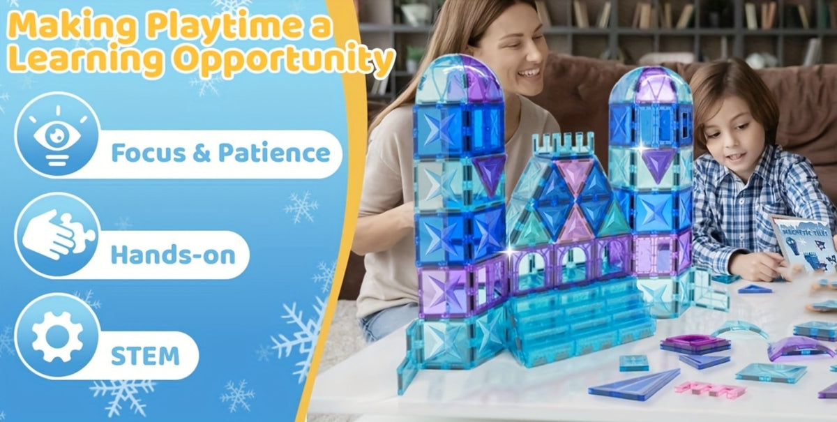 Castle Magnetic Tiles Building Set 102 or 116 Pcs, 3D STEM Sensory Blocks, Pretend Castle Playset for Preschool Boys & Girls 