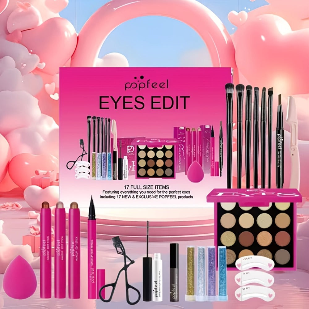 Makeup Gift Set POPFEEL 29-Color Eyeshadow Palette + Mascara + Eyeliner + Brow Pencil + Highlighter Powder + 7-Piece Brush Se