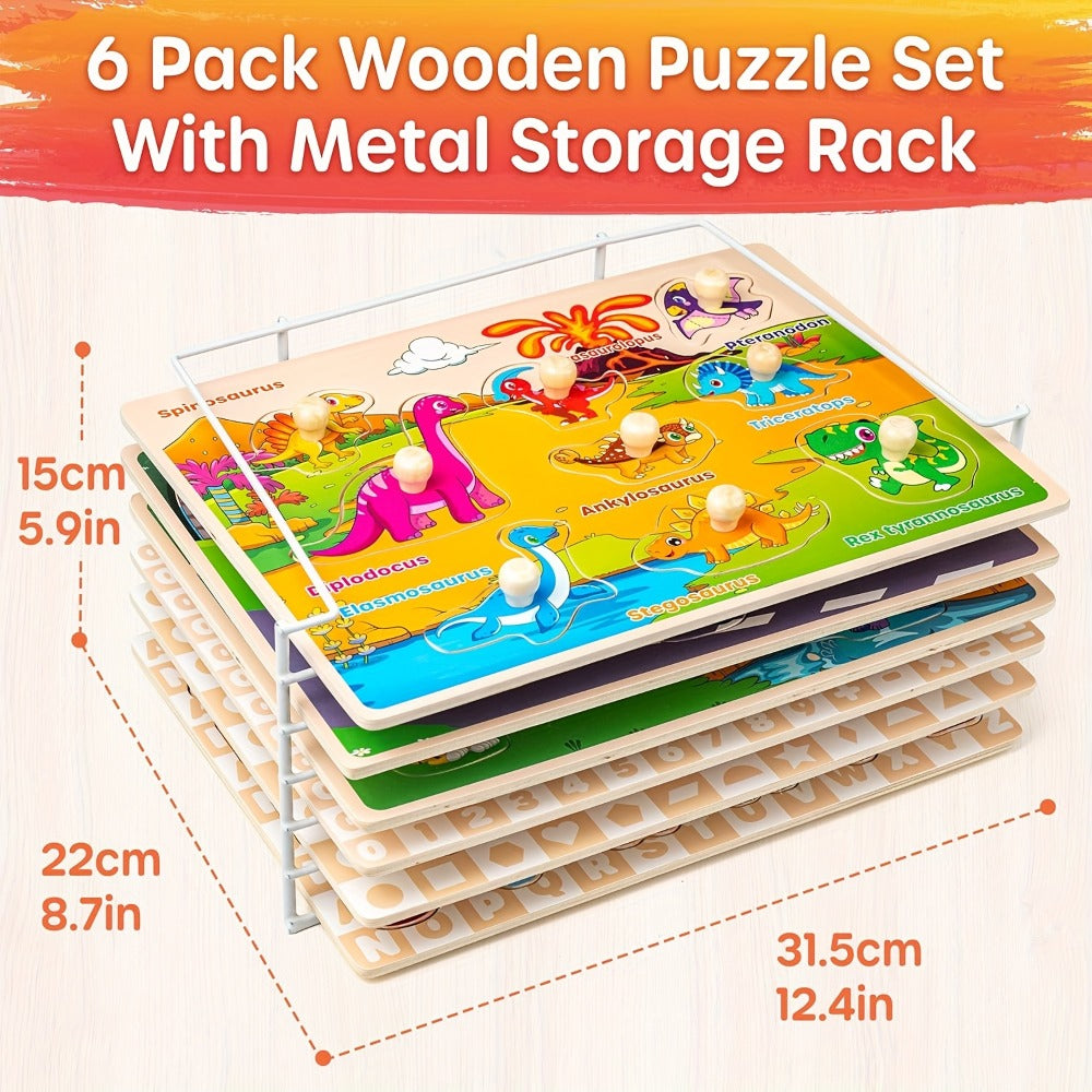 Six-Board Wooden Peg Puzzle Set with Metal Storage Rack and Scene or Animal Theme Checkout Options — image 2