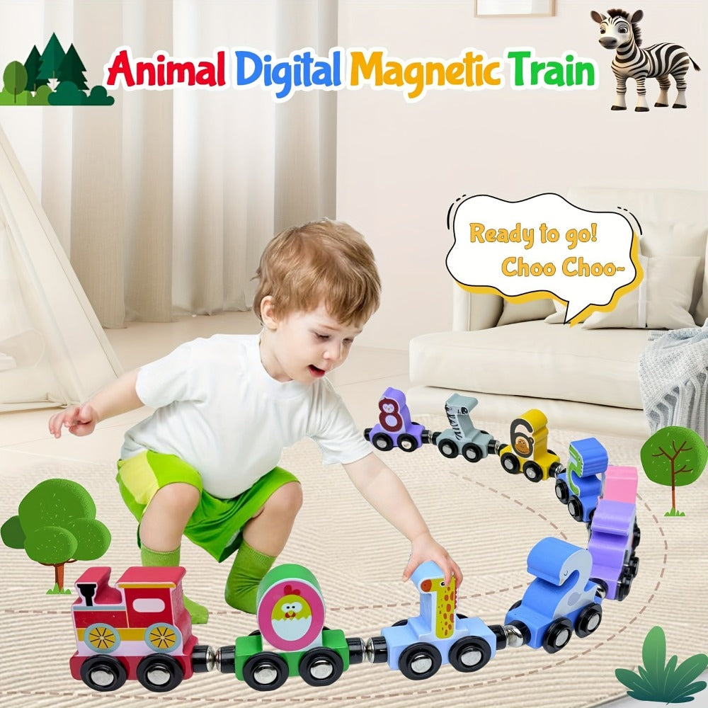 Magnetic Wooden Animal Train Set 12pcs with Storage Bag, Number & Animal Learning Toy for Toddlers Ages 1 2 3 — image 3