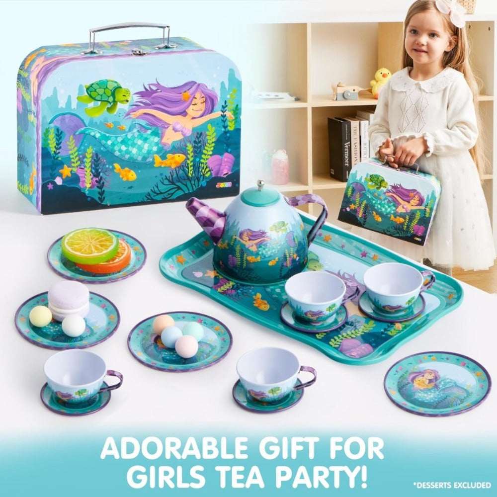 Mermaid Tea Party Set for Girls 21pcs, Tin Teapot, 4 Cups, Saucers, Plates & Carrying Case, Pretend Play Kitchen Toy for Todd