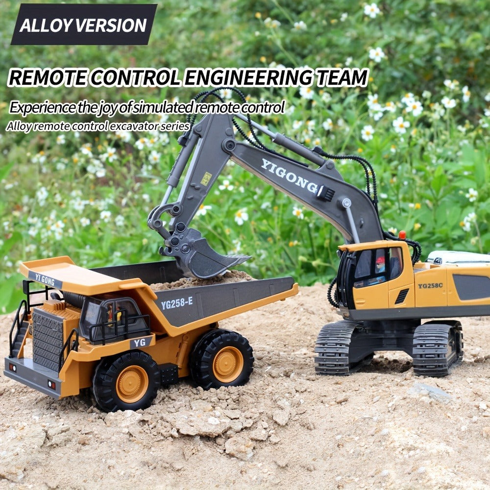 RC Excavator Toy 1:24 Scale 2.4GHz 9-Channel Remote Control with Alloy Metal Cap Lights & Sound Rechargeable Battery — image 