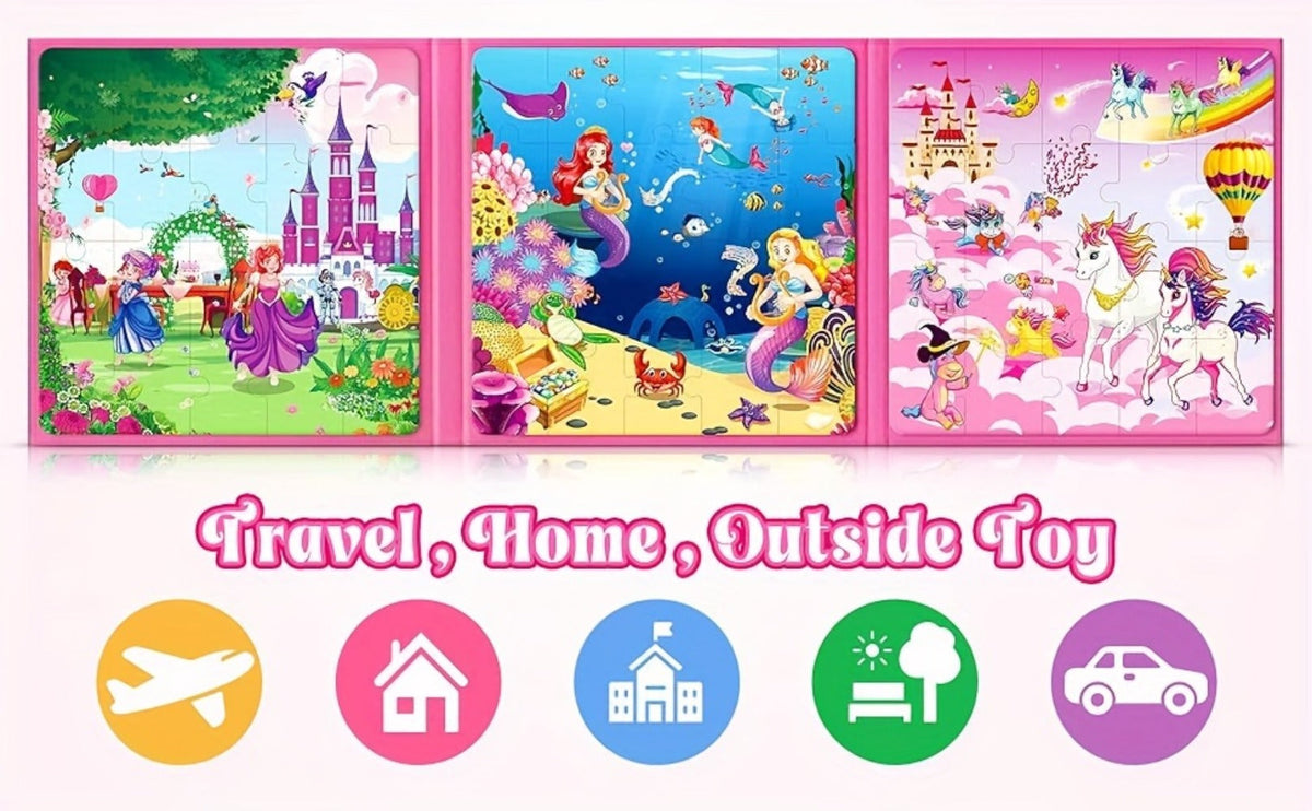 Magnetic Puzzle Book for Girls 3 4 5 6, 3-in-1 Unicorn Mermaid Princess Travel Puzzles, 20 Pieces Folding Magnetic Jigsaw for
