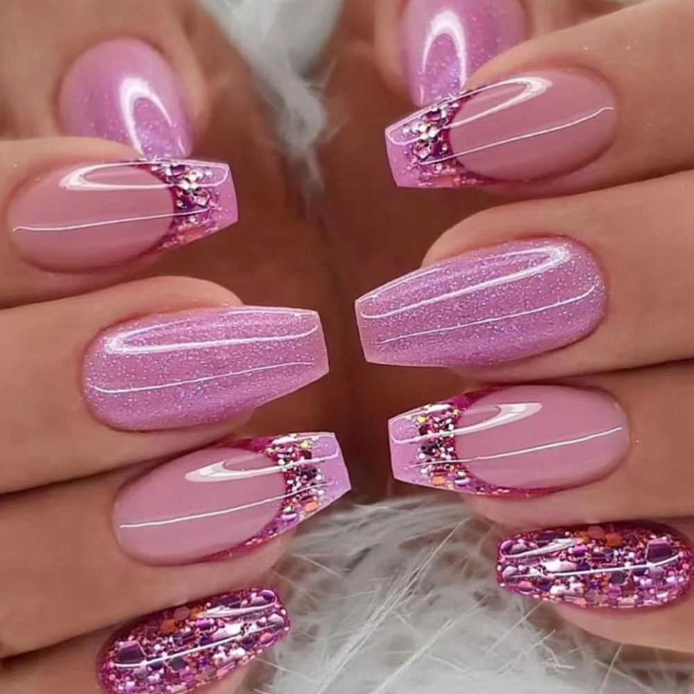Press On Nails 120-Piece Medium Coffin Five-Pack Pinkish Purple Glitter Sequin Glossy Full-Cover Set — image 3