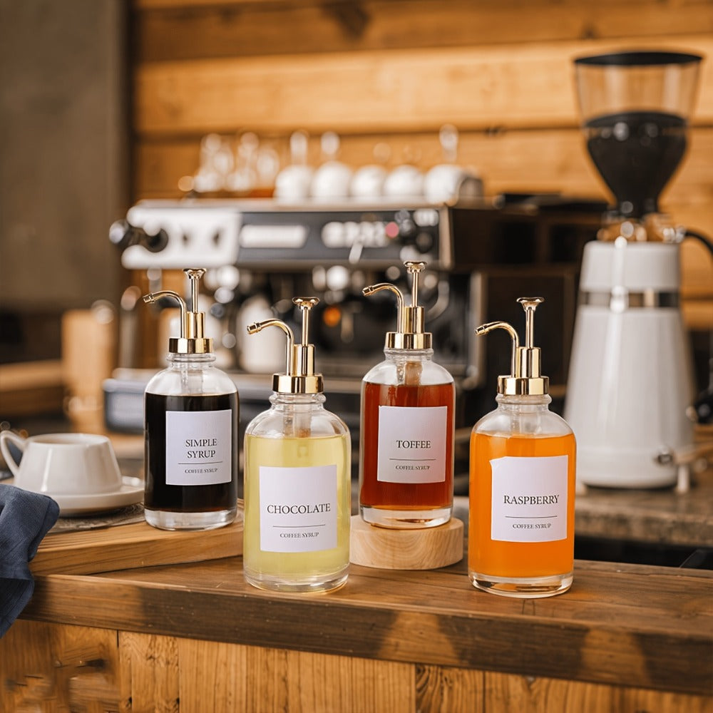 Glass Syrup Dispenser with Pump 4 Pack 16.9oz 500ml Coffee Bar Accessories Set with Silicone Funnel — image 4