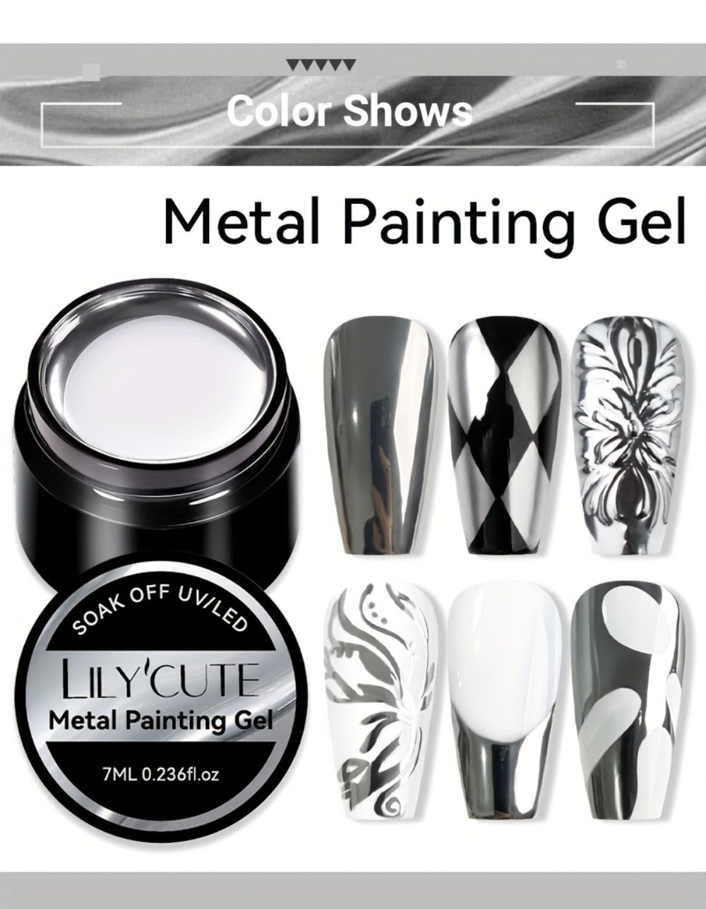 Metallic Silver Nail Art Painting Gel in 7ml LILYCUTE Jar with Fine Detail Brush for Lines and Floral Patterns — image 12
