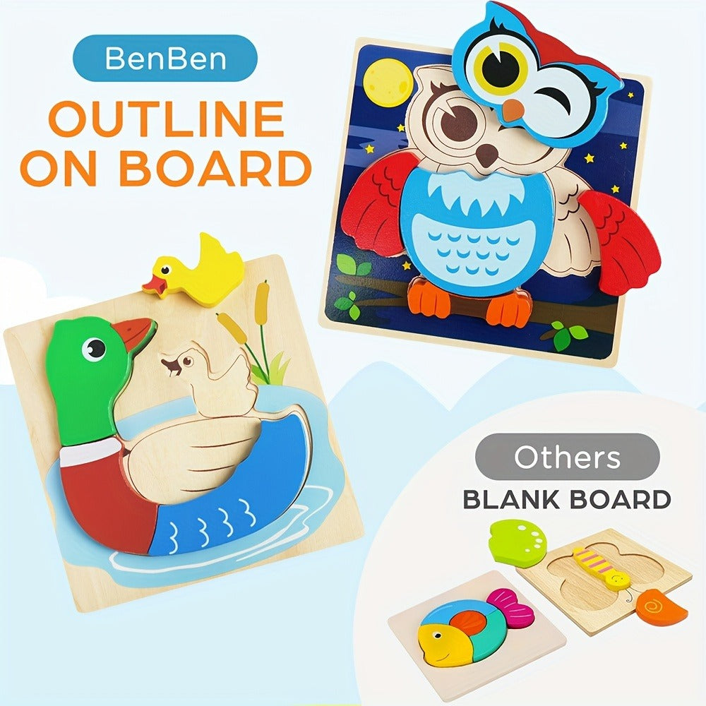 Baby Animal Wooden Puzzles for Toddlers 8 Pack, Infant Learning Toy 12 Months+, Bear Bunny Owl Frog Bee Duck Moose Raccoon — 