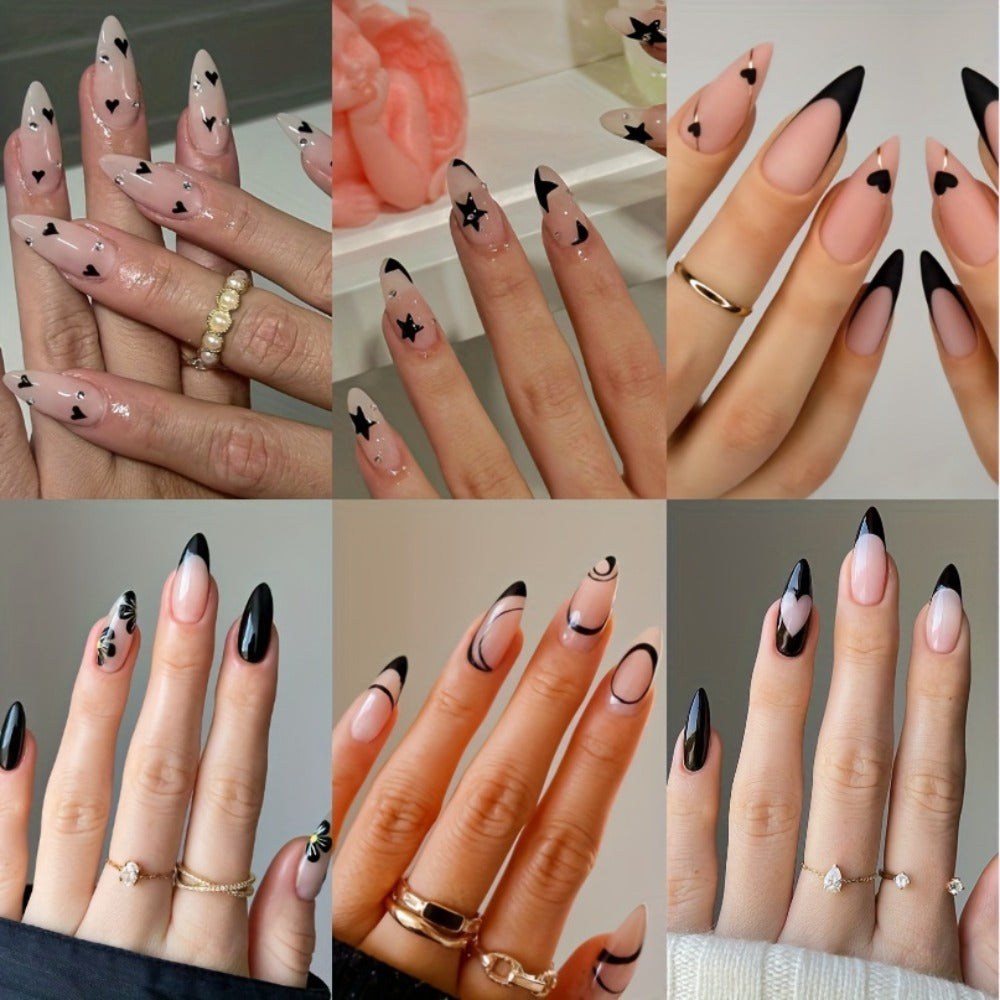 Press On Nails 144-Piece Short Almond Set with Pink Flowers, Rhinestones, Black French Tips and Glue — image 2