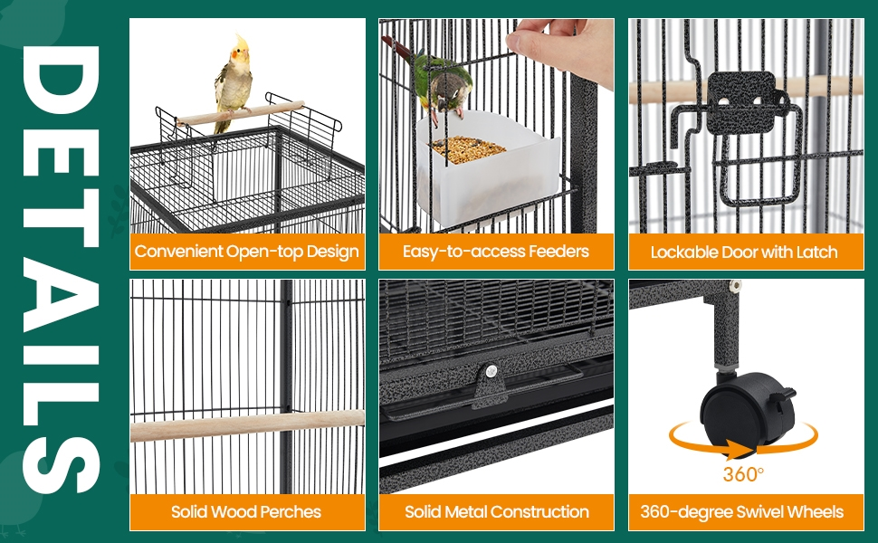 Bird Cage with Rolling Stand Open Top 31 Inch Wrought Iron Black – Slide Out Tray Feeder Doors, for Everyday Bird and Small A