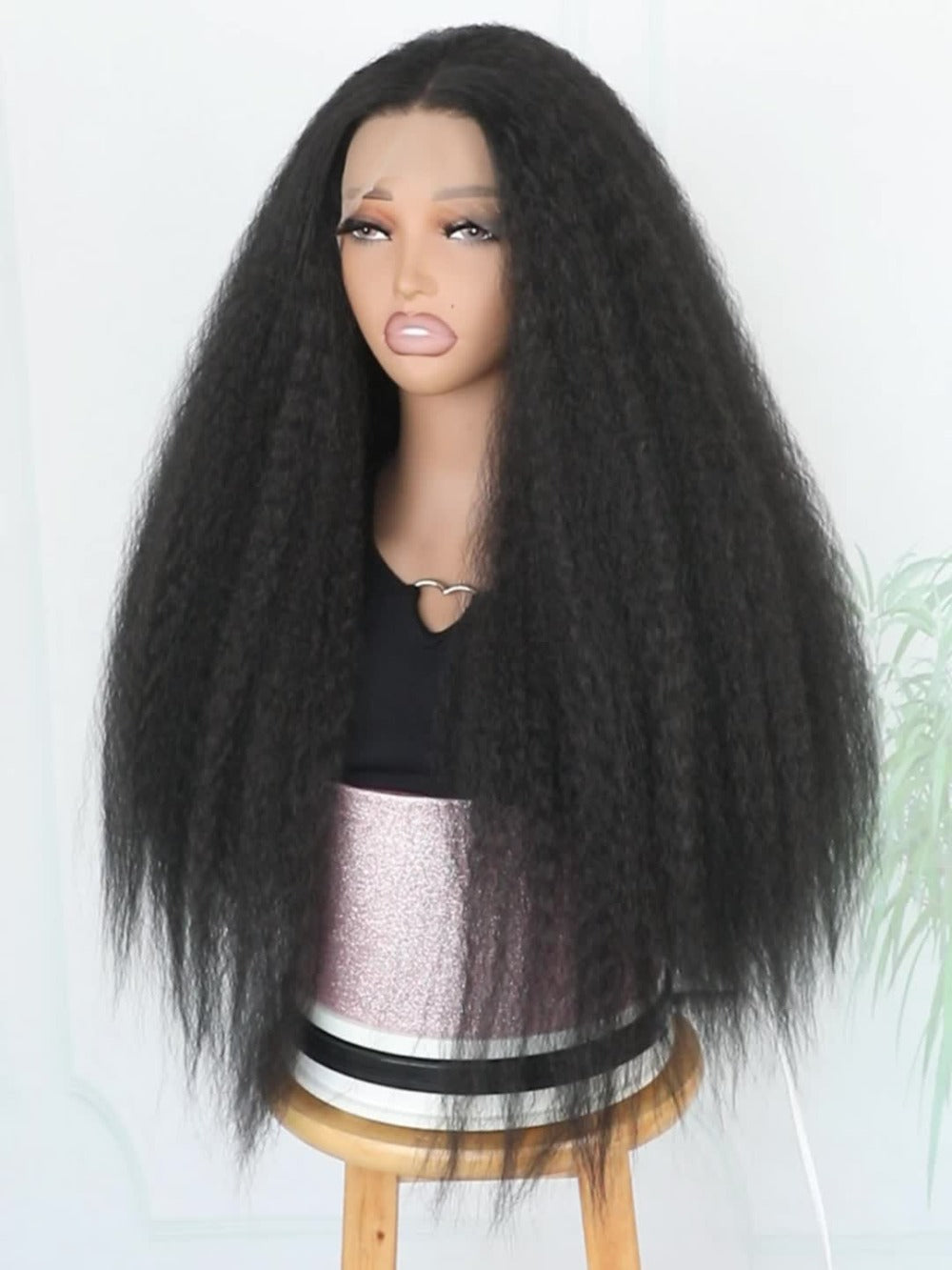 Synthetic Wig 26-Inch Black Kinky-Straight Yaki with HD Lace Front, Glueless Cap and with Item-Specific Color, Length, Textur