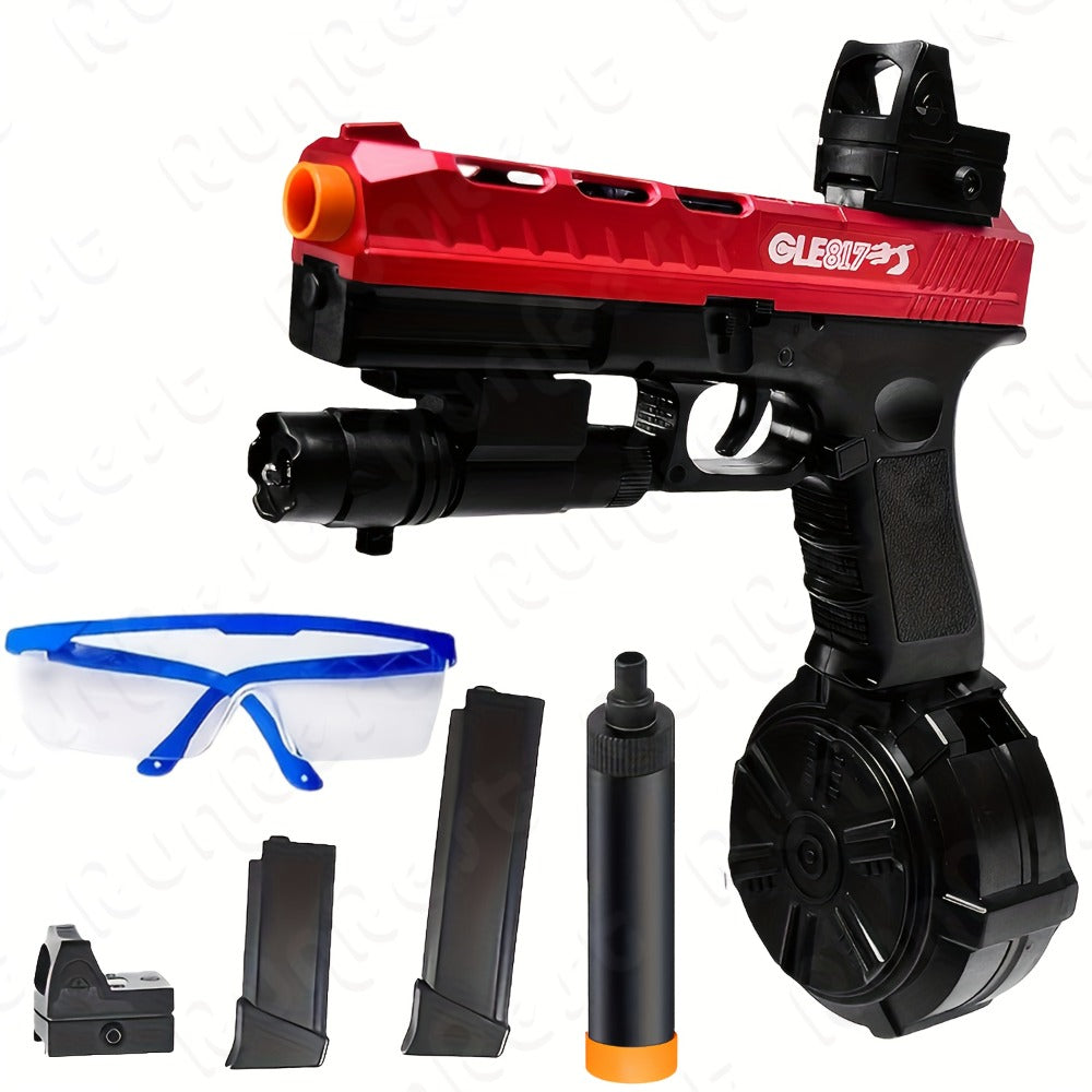 Compact Red-and-Black Electric Gel Blaster Set with Drum, Two Magazines, Sight, Goggles and USB Cable — image 1