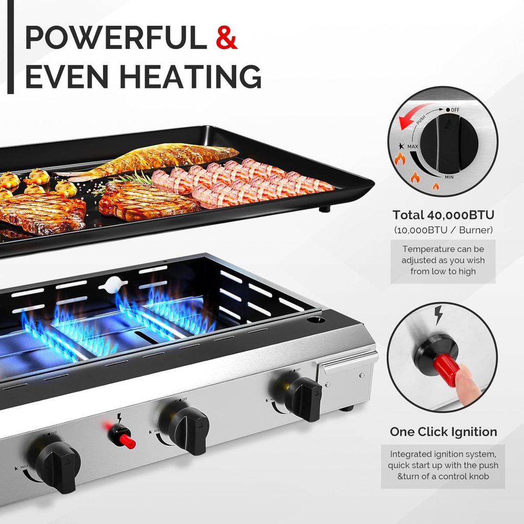 Flat Top Griddle Propane Tabletop 2 or 4 Burner, 20000 BTU Portable Gas Grill with Nonstick Enamel Tray — image 22