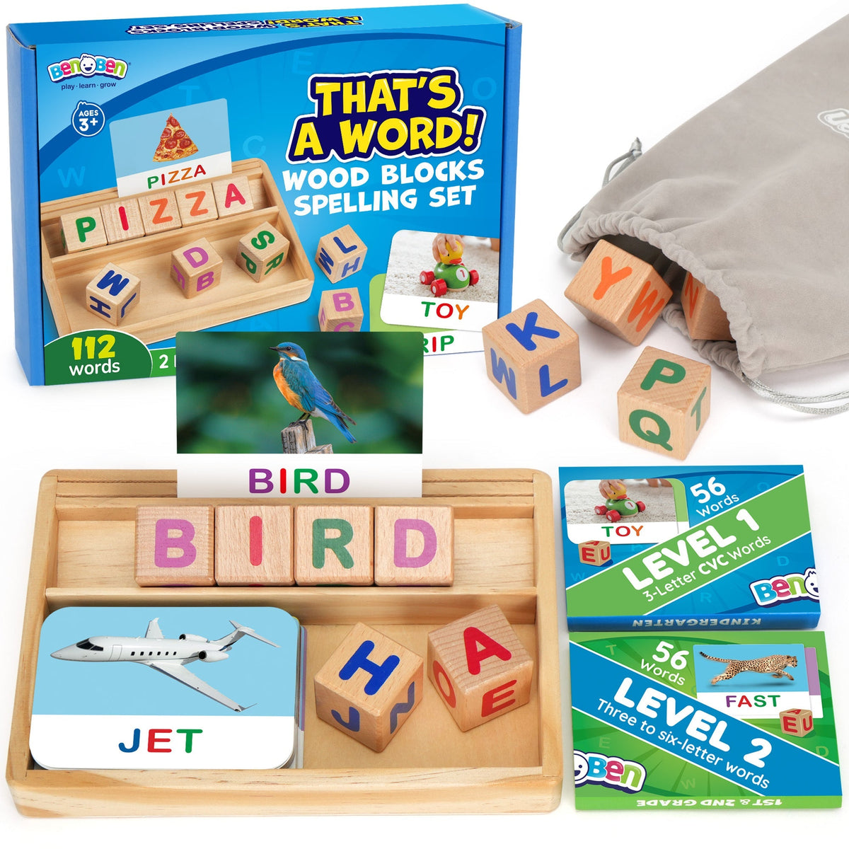 Phonics Word Builder Kit 110+ CVC Flash Cards 10 Letter Blocks Wooden Tray Spelling Matching Game | Learn to Read Toy for Pre