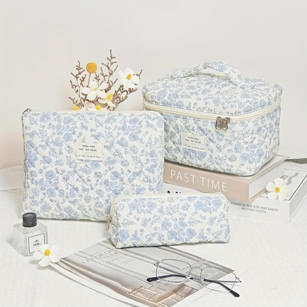 Quilted Makeup Bag Set 3 Pcs Floral Pattern Large Capacity Travel Cosmetic Organizer with Gold Zipper – Polyester Skincare To