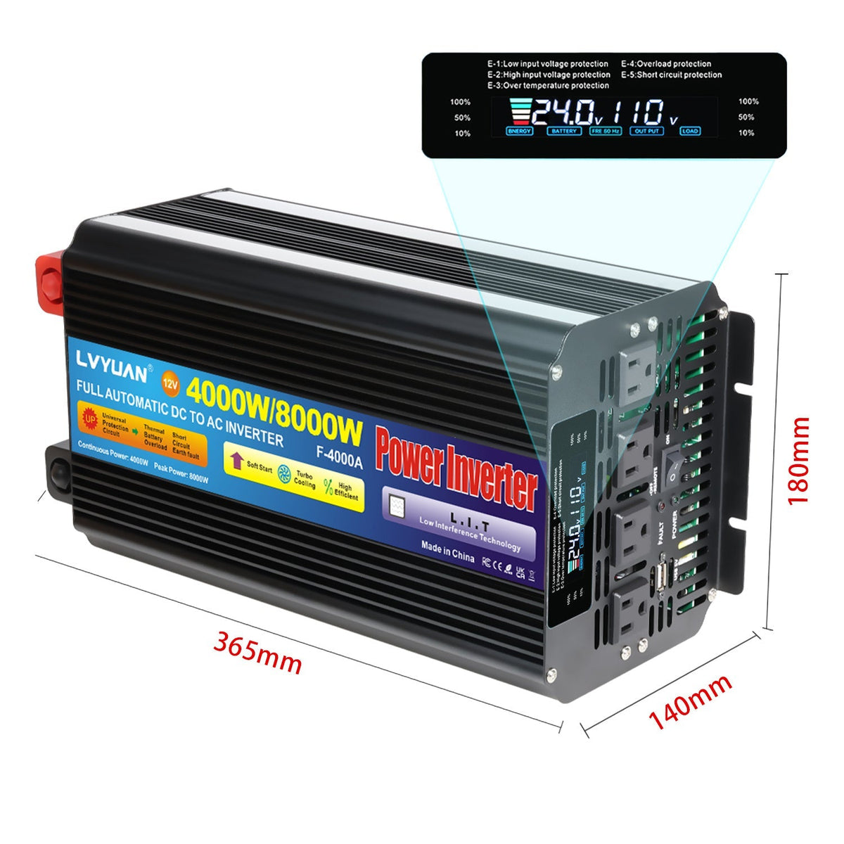 Pure Sine Wave Power Inverter 4000W 8000W Peak DC 12V to AC 110V with LCD Display Remote Control 4 AC for Garden, Patio and Y
