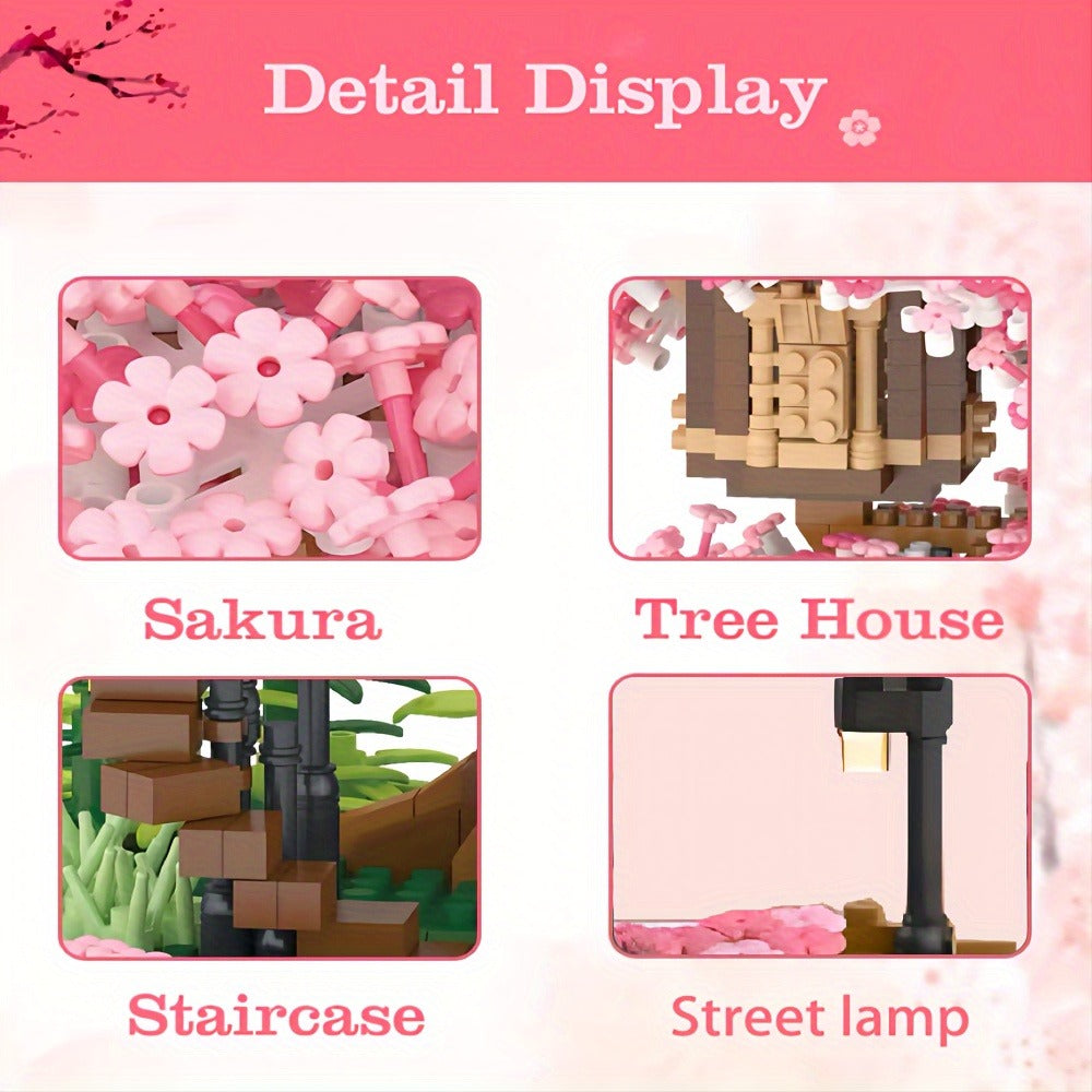 Building Block Set Cherry Blossom Tree House, 1020 or 2028 Micro Pieces with Pink Canopy and Base Display — image 9