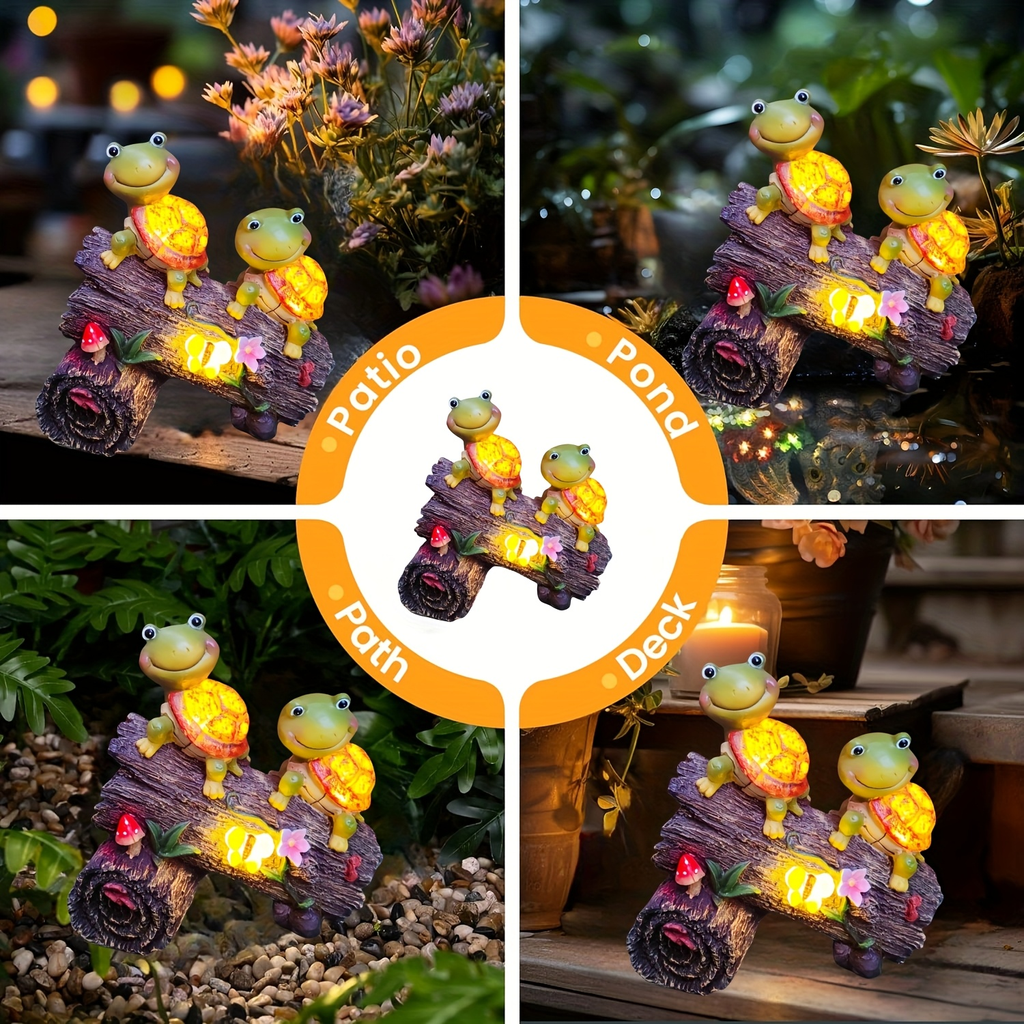 Solar Garden Turtle Statue with 4 LED Lights IP44 Waterproof Resin Frog Face Turtle Figurine Outdoor Decor for Patio Lawn Yar