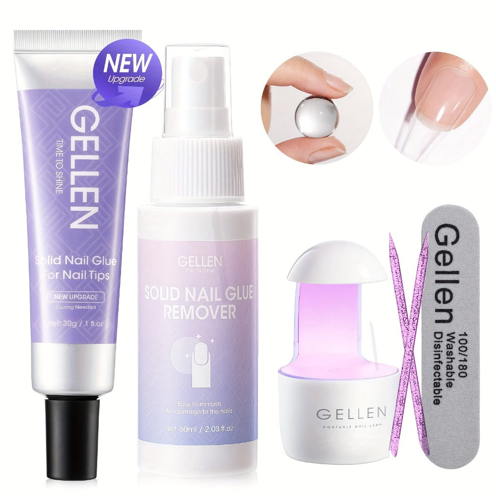 Press-On Nail Glue Gel Kit 30g with UV Lamp – Strong Long-Lasting Solid Nail Glue, 60ml Remover & Buffer for False Nails — im